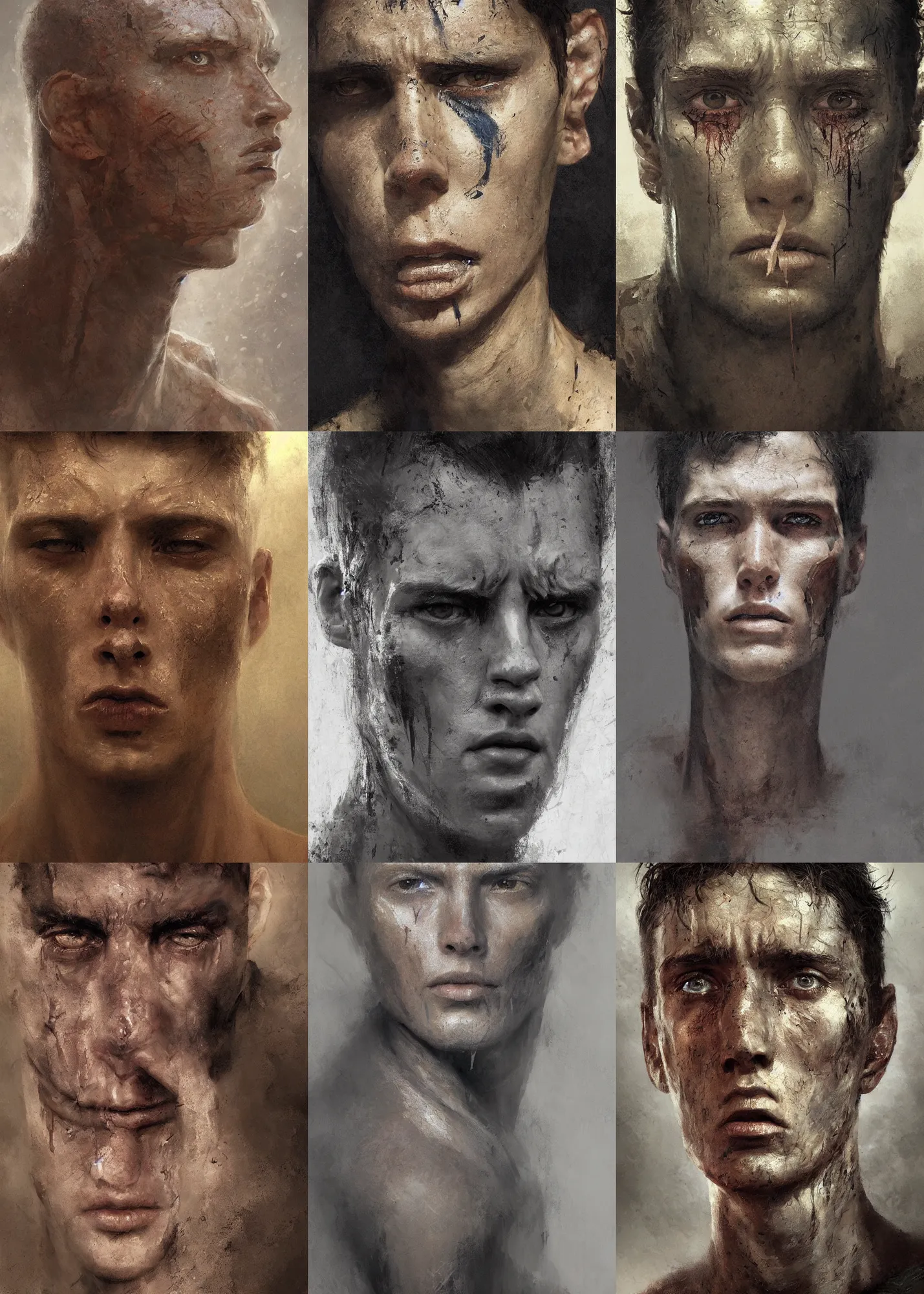 Prompt: 3 / 4 view digital art painting of the suffering devastated gaunt face of a young man survivor from a nuclear war, apocalypse, beautiful face, defined facial features, symmetrical facial features, symmetrical face, painted by craig mullins and gaston bussiere and greg rutkowski, dramatic lighting