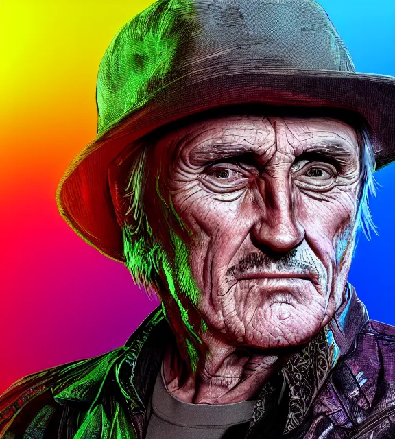 Image similar to portrait of dennis hopper by greg rutkowksi, extreme detail, 8 k, intricate abstract, unreal engine tech demo, vivid colors