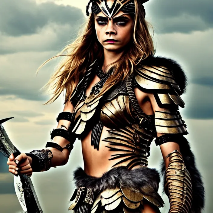 Image similar to professional full length photograph of cara delevingne as an amazon warrior. Extremely detailed. 8k