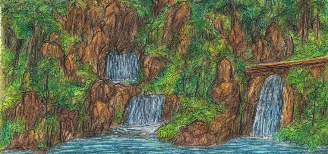 Image similar to Rivendell landscape drawn in crayon, digital painting