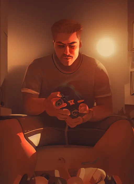 Image similar to video gamecore, gamecore, gamercore portrait of a man playin playstation 5 on his bedroom at night, cinematic perspective, trending in artstation, behance, deviantart