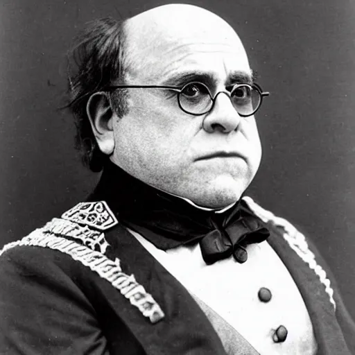 Prompt: 1862 portrait photograph, Danny DeVito in a Confederate general's uniform