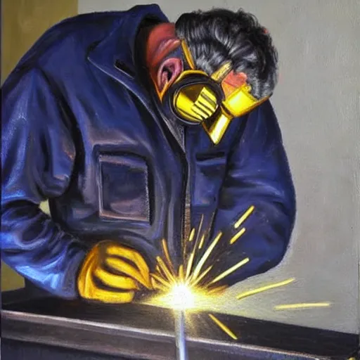 Prompt: viktor orban welding, oil painting