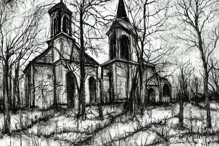 Image similar to mad horror painting of a old church in the woods by ben templesmith