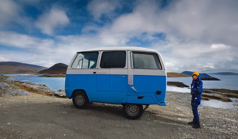 Image similar to astronaut tourist wearing blue space suit, standing in the Isle of Harris, Scotland, a futuristic metallic campervan in the background, wide angle lens, photorealistic