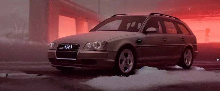 Prompt: Audi A4 B6 Avant (2002), a gritty neo-noir, dramatic lighting, cinematic, eerie person, death, homicide, homicide in the snow, gunshots, establishing shot, extremely high detail, photorealistic, red fog, chaos, arson, burning city, cinematic lighting, artstation, by simon stalenhag, Max Payne (PC) (2001) winter New York at night, In the style of Max Payne 1 graphic novel, flashing lights, Poets of the Fall - Late Goodbye