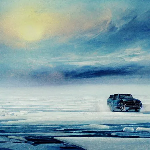 Image similar to car drifting on ice in the north pole. icebergs. toyota commercial. style of turner paintings