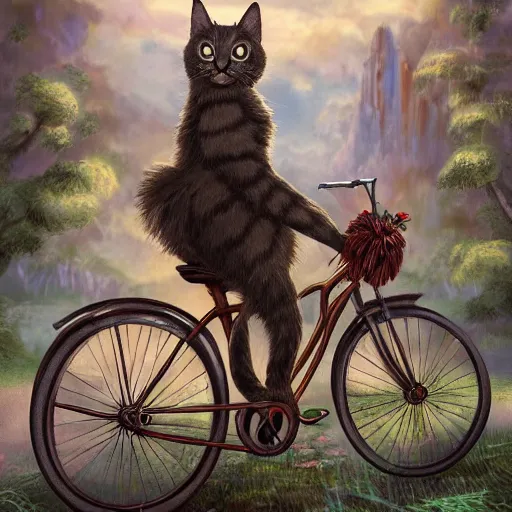 Image similar to fantasy book cover artwork of a cat riding a bicycle, ultradetailed, wallpaper, 4k, prismatic