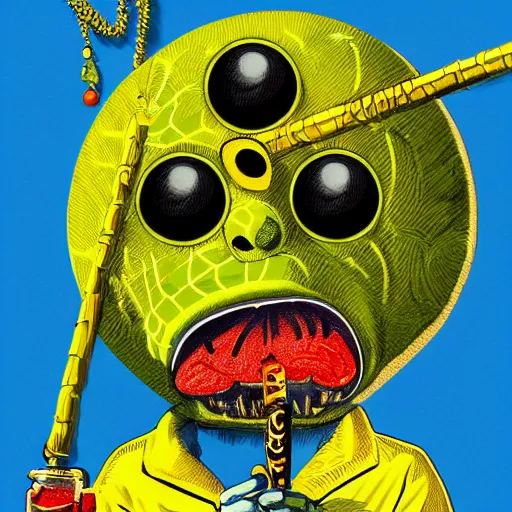 Image similar to a tennis ball monster wearing gold chain necklace smoking a blunt, digital art, fantasy, magic, trending on artstation, ultra detailed, professional illustration by Basil Gogos