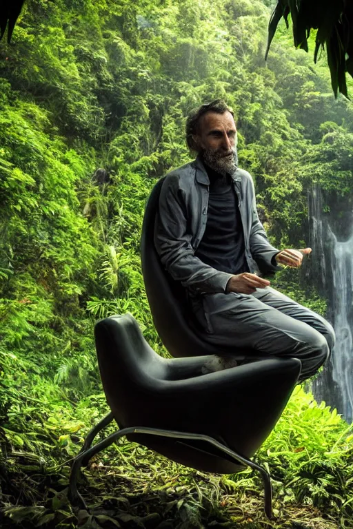 Image similar to movie closeup young man with a grey beard in a cyberpunk suit sitting on a futuristic chair at the edge of a jungle waterfall by emmanuel lubezki