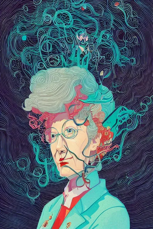 Prompt: portrait of mad lady scientist, stylized illustration by victo ngai, colorful comics style,