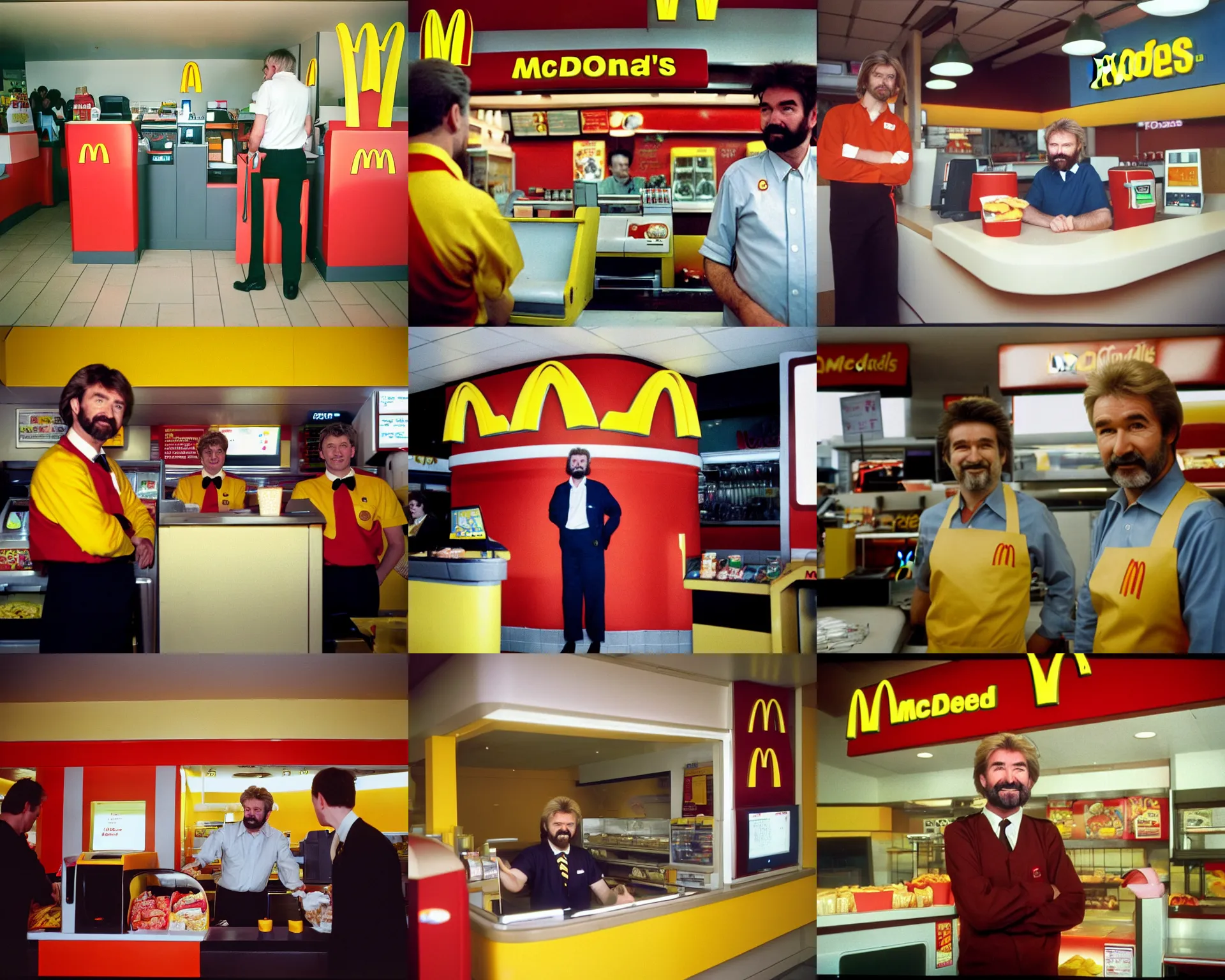 Prompt: noel edmonds wearing mcdonalds brown uniform, behind the counter at mcdonalds asking if you want fries with that, portra 4 0 0