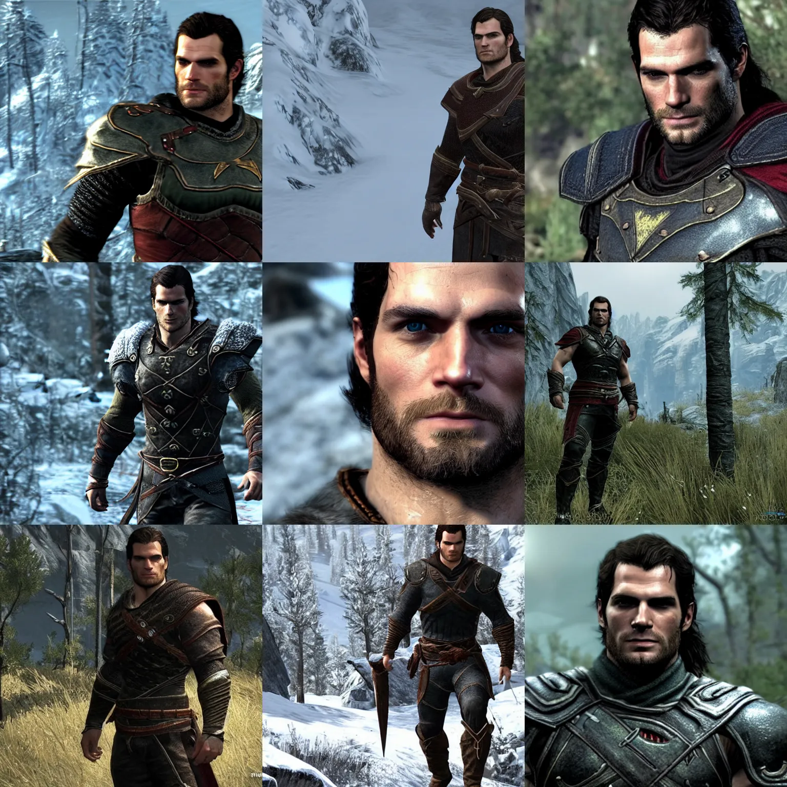 Prompt: a screenshot of henry cavill in the video game skyrim. 3 d rendering. unreal engine. amazing likeness. very detailed