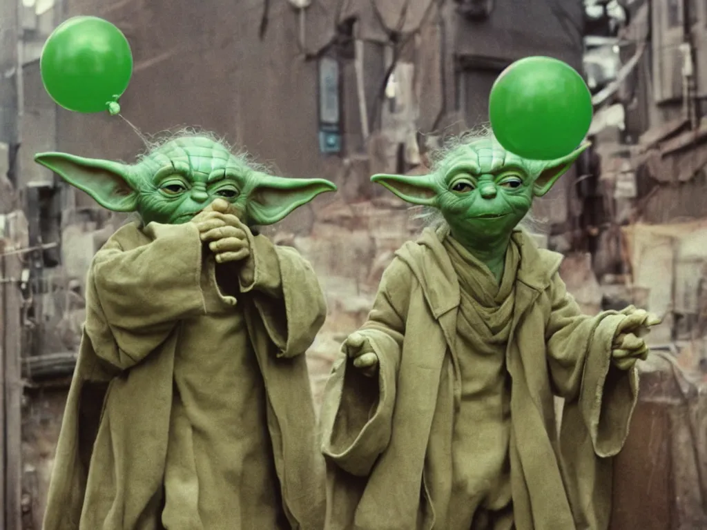 Image similar to a photo of yoda holding a green balloon in the tokyo suburbs by wes anderson, highly detailed, trending on artstation