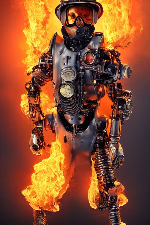 Image similar to a beautiful ultra detailed fine art portrait of a futuristic mechanical cybernetic fireman cyborg against backdrop of flames fire, by tom bagshaw and anna dittman, firefighter outfit uniform, flying amber, studio lighting, firefighter, golden ratio composition, 3 5 mm lens, cybernetic scifi, deep depth of field, artstation, 8 k