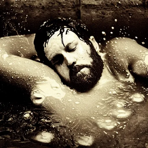 Prompt: A wet-collodion photograph of a man laying in a bath filled with milk, body submerged face peeking through