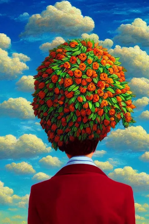 Image similar to closeup, giant flower head, woman in suit, clouds in sky, surreal, impressionist painting, digital painting, artstation, rob gonsalves