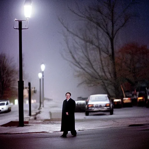 Image similar to 1 9 9 8 andy richter wearing a black wool coat and necktie in his car walking a dark residential street in chicago at night, dimmed yellow streetlights