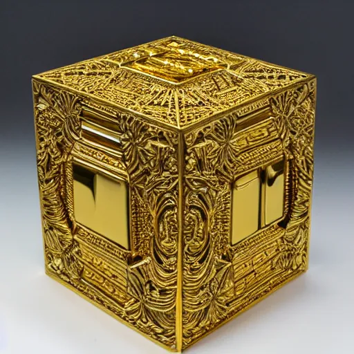 Prompt: hyper detailed sculpture out of carved golden metal cubes,