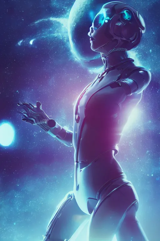 Image similar to woman cyborg floating in space letting go of reality and experiencing the quantum feild, matte painting comic book art, cinematic, highly detailed, realistic, beautiful cosmic neural network, octane render, unreal engine, depth of field, trending on artstation, sharp focus, philosophical splashes of colors