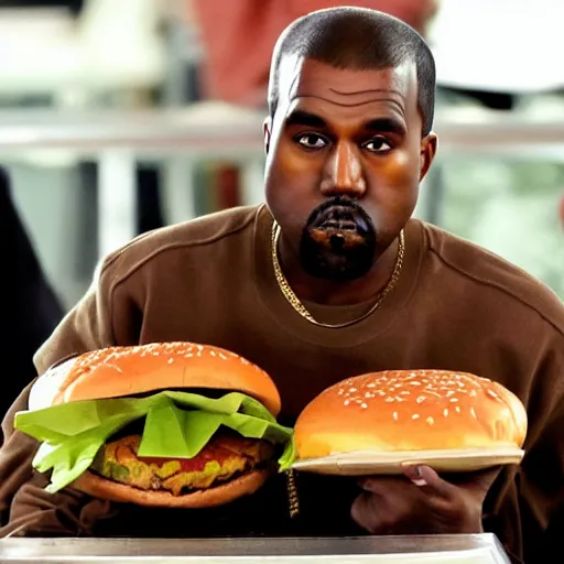 Image similar to kanye west sitting on a giant cheeseburger