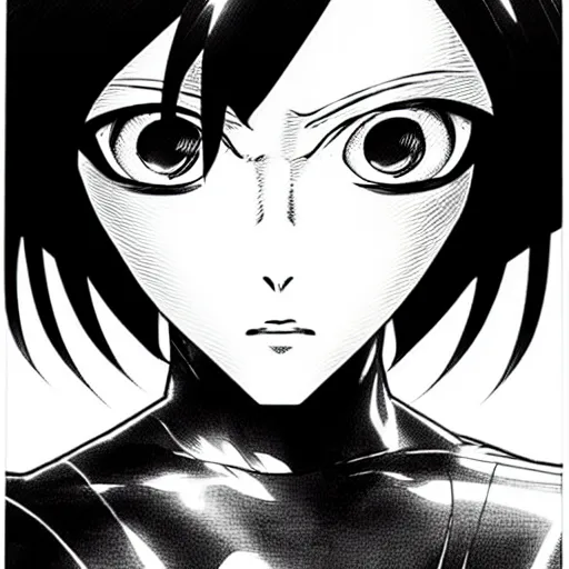 Image similar to alita by yukito kishiro. medium shot. black and white manga. pencil drawing. high detailed face