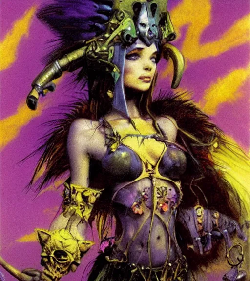Prompt: evil princess of the wasteland, scrap metal headdress, strong line, vivid neon color, yellow purple, cloudy sky, beautiful! coherent! by brian froud, by frank frazetta, low angle