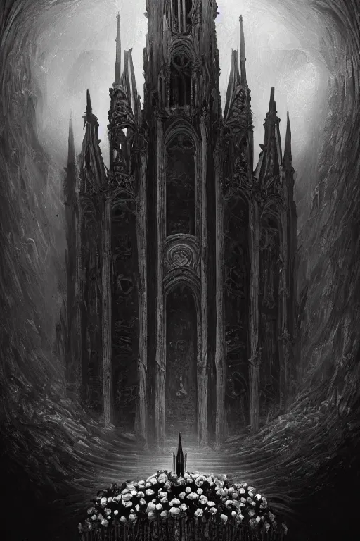 Prompt: a beautiful and terrifying painting with high details of a panoramic view of a gothic church made of white bones, with the white rose and a black - robed skeleton demon in the foreground, poster style, movie atmosphere, movie lights, 8 k, light effect, rtx on, trending on artstation, by kilian eng, lee madgwick, tyler edlin, mucha