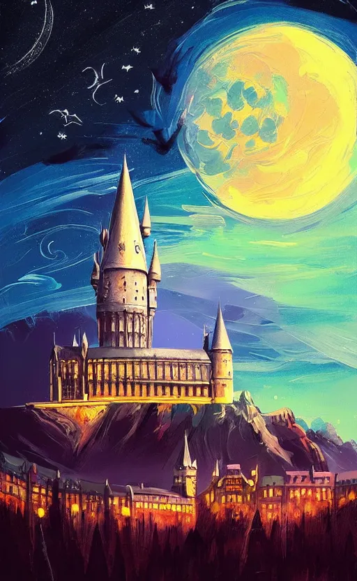 Image similar to a beautiful illustration of hogwarts at night, art of alena aenami, featured on artstation, vertical orientation, paint brush strokes, expressionism, brushstroke - laden, breathtaking clouds, birds, ocean, beautiful stars, long exposure, big moon radius, airy midnight magical theme, blue purple gradient, lens flare