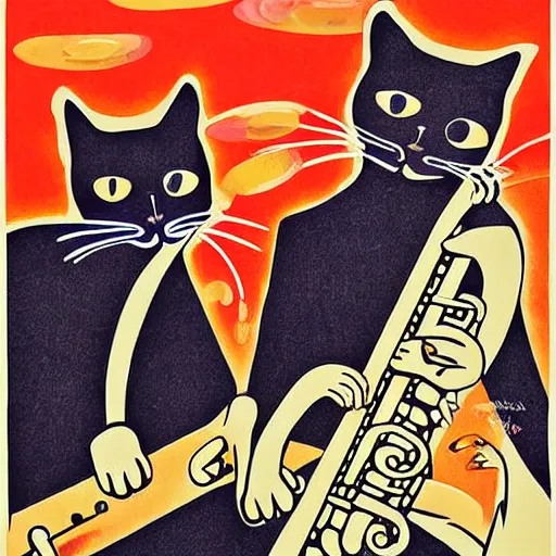 Prompt: portrait of a cat's band playing jazz, retro avanguard poster, by Reginald Montague Lander, By Tom Purvis, By Joseph Binder
