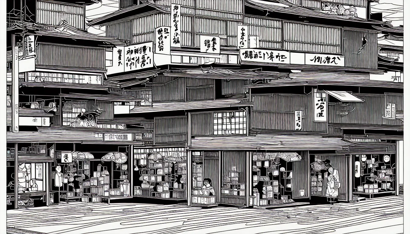 Image similar to old japanese shops by dan mumford and peter doig and edward hopper, symmetrical, minimal, black ink, thick lines highly detailed, muted colours 8 k