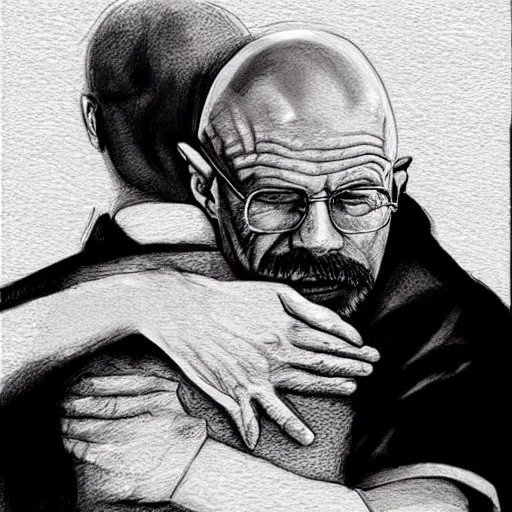 Image similar to freddie mercury hugging walter white, sketch, insanely detailed