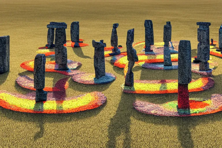 Prompt: many colorful praying people standing in stonehenge made of stonestatues of vaccuum cleaners, beeple style, sunset, insanely integrate, 3 d render, 8 k