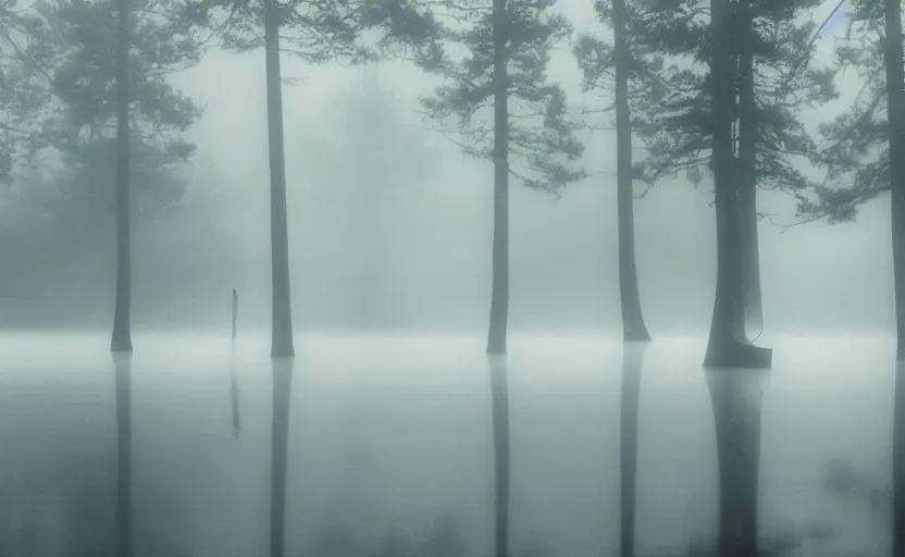 Image similar to cinematic shot of a lonely man at a suicide lake, moody scene from being john malcovich directed by charlie kaufman ( 2 0 0 1 ), foggy volumetric light morning, anamorphic lenses, kodak color film stock