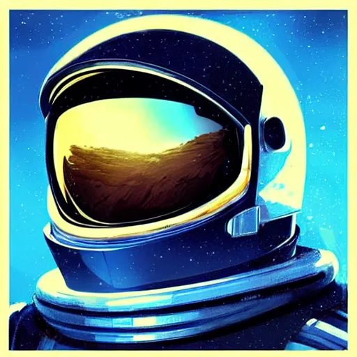 Image similar to blue helmet astronaut with reflection of an orange invisor, artstation, ultra realistic, by raphael lacoste and danny villneuve