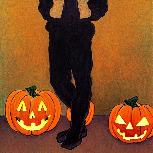 Image similar to painting of young cute handsome beautiful dark medium wavy hair man in his 2 0 s named shadow taehyung at the halloween pumpkin jack o'lantern party, depressed, melancholy, autumn, japan, elegant, clear, painting, stylized, delicate, soft facial features, delicate facial features, soft art, art by alphonse mucha, vincent van gogh, egon schiele