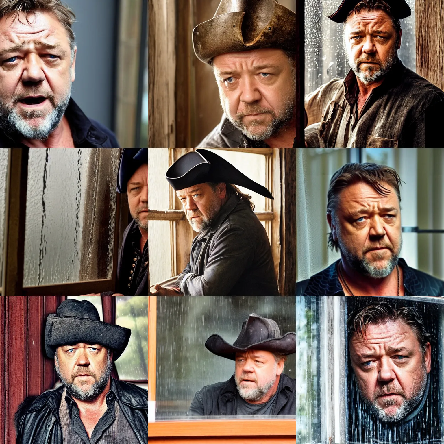 Prompt: concerned russell crowe wearing a big pirate hat standing behind a rainy dirty window and wooden wall peering out towards the camera