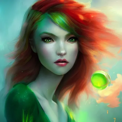 Prompt: a beautiful stunning fantasy whimsical matte digital portrait illustration of a pretty womam with bright green eyes and fiery red hair and a green bird, in the style of Ross Tran, trending on artstation, contest winner