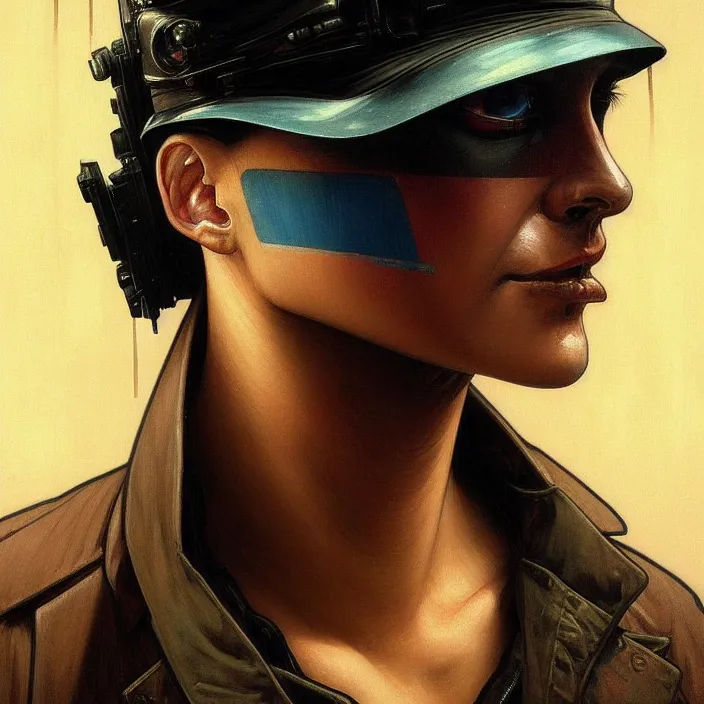Image similar to excellent painted portrait of a replicant street vendor from blade runner (1982), cyberpunk blade runner art, character artwork, 8k resolution artwork, trending on artstation, detailed oil painting portrait, art by artgerm and greg rutkowski and alphonse mucha and craig mullins and James Jean and Andrei Riabovitchev and Marc Simonetti and peter mohrbacher, matte painting