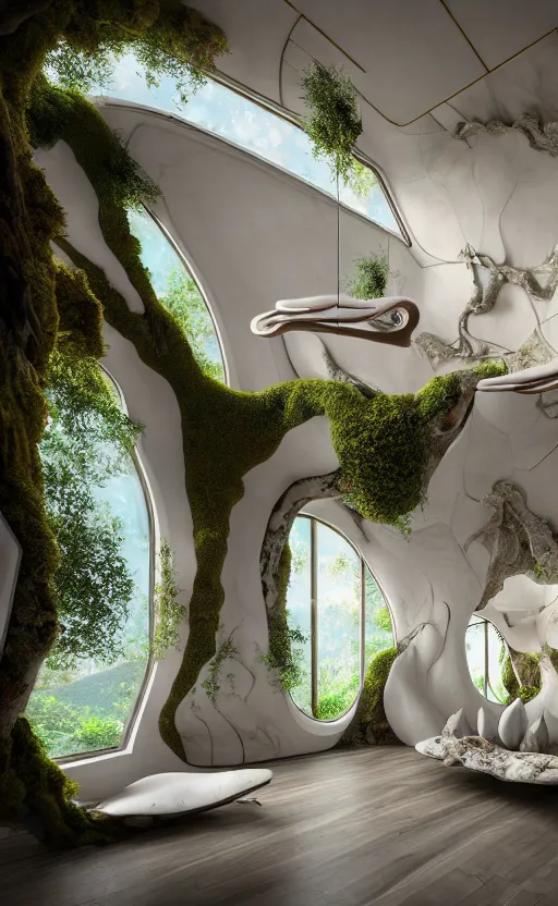 Image similar to highly detailed villa natural beautiful light interior soft cinematic composition of a smooth ceramic porcelain biomorphic magnolia stone nebula fluid sci - fi surreal colorful architecture landscape, furniture, granite, trees, marble, moss, lichen, fungi, vincent callebaut composition, mamou - mani, archviz, 8 k, unreal engine, hdr