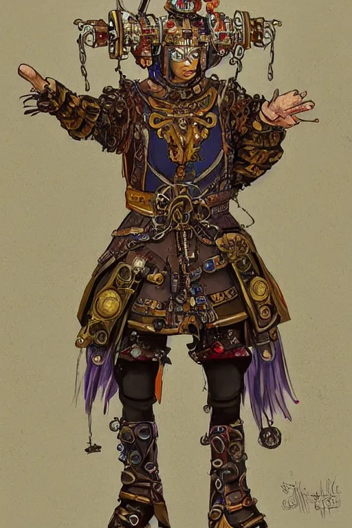 Prompt: beautiful calm bright overdetailed hyper-maximalist ai generated fullbody fantasy character illustration of a medieval timetraveller highpriest in ornated wooden armor and decorated sacred outfit and heavily equipped with steampunk cyberwares. rendered by machine.delusions. inspired by: @machine.delusions on instagram. Slightly reminds to ghibli studio style. Fullbody portrait uncut centered cinematic, dramatic pose. Unreal engine. Realistic render. Photorealistic.