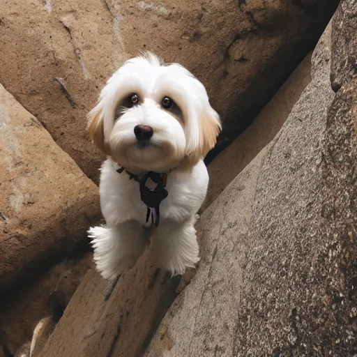 Prompt: a cream-colored havanese dog rock climbing, gopro photo, 4k