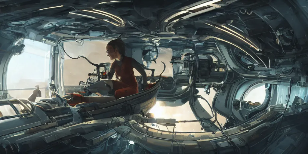 Image similar to an environmental concept art of a female mechanic working on a spaceship, highly detailed, cinematic, dramatic lighting, close shot by francis tneh