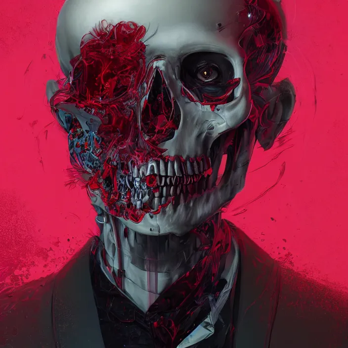 Prompt: portrait of ruby rose as a skull in a suit. intricate abstract. intricate artwork. nightmare fuel. by Tooth Wu, wlop, beeple, dan mumford. octane render, trending on artstation, greg rutkowski very coherent symmetrical artwork. cinematic, hyper realism, high detail, octane render, 8k, iridescent accents