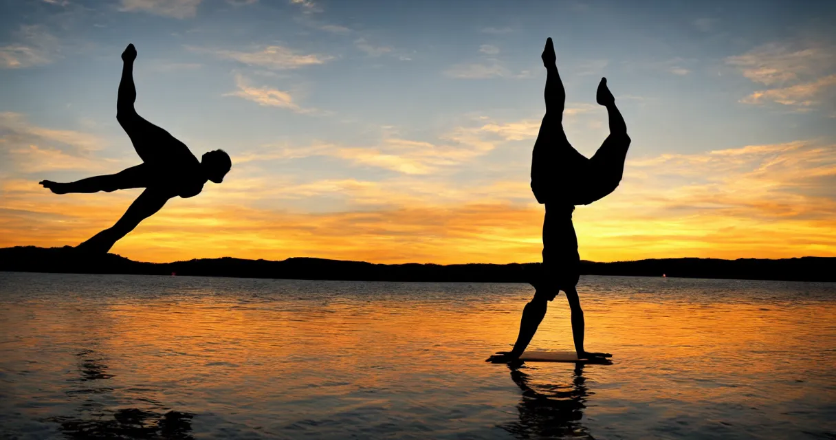 Image similar to wide range photo silhouette of a man doing yoga, at a beautiful sunset, highly detailed, colorful,