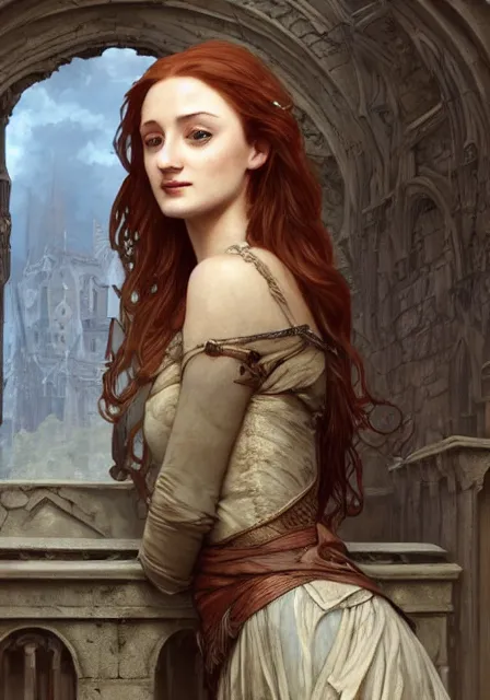 Prompt: sansa stark in ruins of castle, intricate, elegant, highly detailed, digital painting, artstation, concept art, smooth, sharp focus, illustration, art by artgerm and greg rutkowski and alphonse mucha and william - adolphe bouguereau