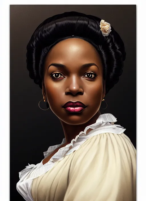 Prompt: 3 / 4 view of a portrait of a black woman in victorian clothing, confident pose, intricate, elegant, sharp focus, illustration, highly detailed, concept art, matte, trending on artstation, anime, art by james jean and artgerm and brian despain and alberto mielgo, greg rutkowski, wlop, ilya kuvshinov, strong strokes