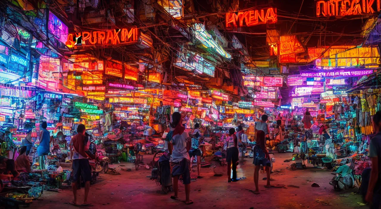 Image similar to Cyberpunk Market, futuristic Phnom-Penh Cambodia, neon lighting