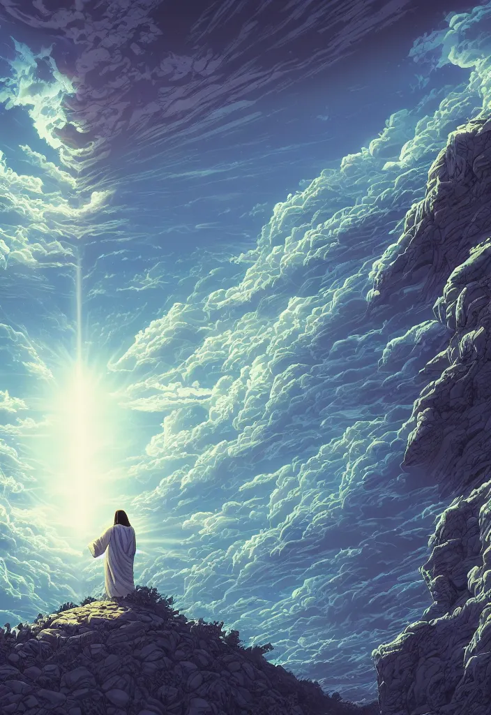 Image similar to the second coming of jesus by dan mumford, yusuke murata, makoto shinkai, ross tran, cosmic, heavenly, god rays, intricate detail, cinematic, 8 k, cel shaded, unreal engine, featured on artstation, pixiv