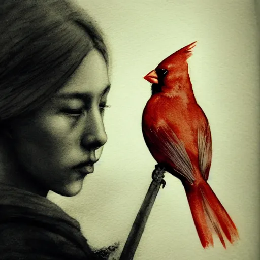 Prompt: portrait, female cardinal bird person, druid, watercolor, dramatic lighting, cinematic, establishing shot, extremely high detail, foto realistic, cinematic lighting, pen and ink, intricate line drawings, by Yoshitaka Amano, Ruan Jia, Kentaro Miura, Artgerm, post processed, concept art, artstation, matte painting, style by eddie mendoza, raphael lacoste, alex ross,